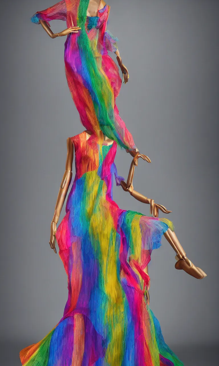 Prompt: full-length photo of a mannequin wearing a sheer rainbow dress, fashion photography