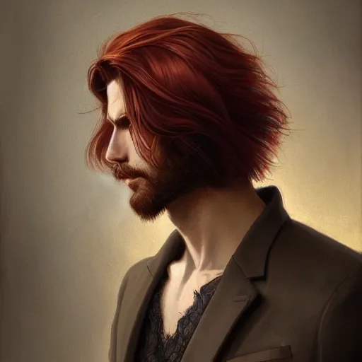 Image similar to portrait of a man - wolf, male, handsome, masculine, full body, red hair, long hair, soft hair, fantasy, intricate, elegant, highly detailed, suit, coffee shop, digital painting, artstation, concept art, character art, smooth, sharp focus, illustration, art by artgerm and greg rutkowski and alphonse mucha