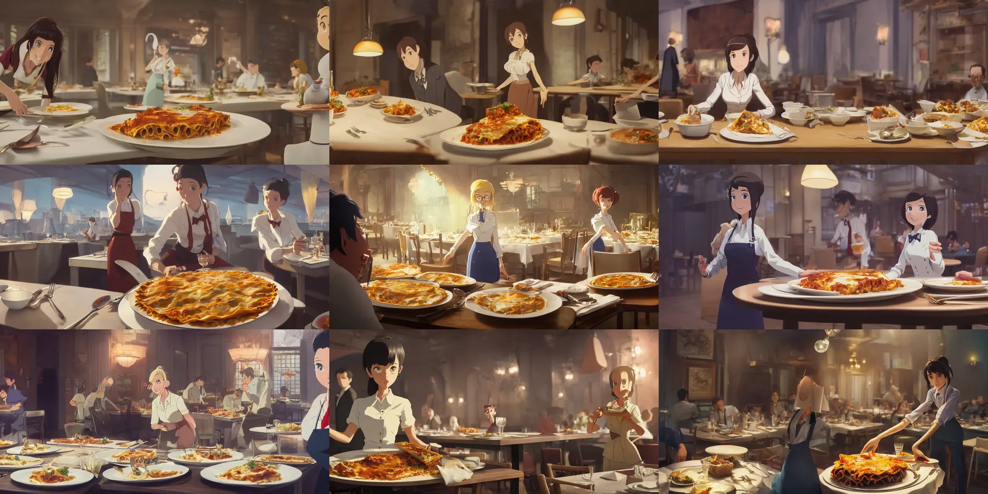 Prompt: animation key shot, single fashionable waitress delivering plate of delicious lasagna to the table of businessmen, high end restaurant, close up shot, studio Ghibli, Pixar and Disney animation, sharp, Rendered Unreal Engine 5, film key art, Greg Rutkowski, Bloom, dramatic lighting