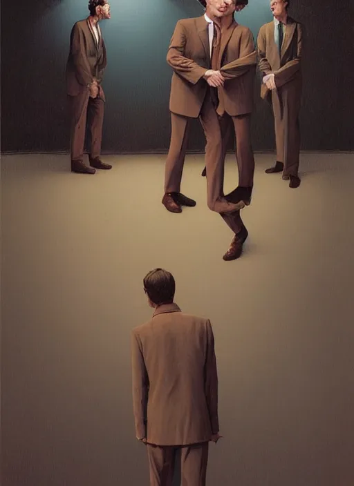 Image similar to Twin Peaks portrait of Mads Mikkelsen and Hugh Dancy holding hands romantically as they chaperone school dance by Zdzislaw Beksinski, Michael Whelan, Bob Larkin and Tomer Hanuka, simple illustration, domestic, nostalgic, clean, Matte painting, trending on artstation and unreal engine, New Yorker magazine cover, 1980s romance book cover