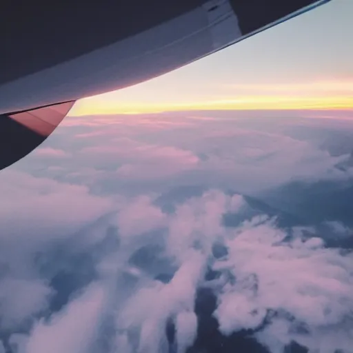 Image similar to a realistic sunrise in the swiss alps seen through a plane window