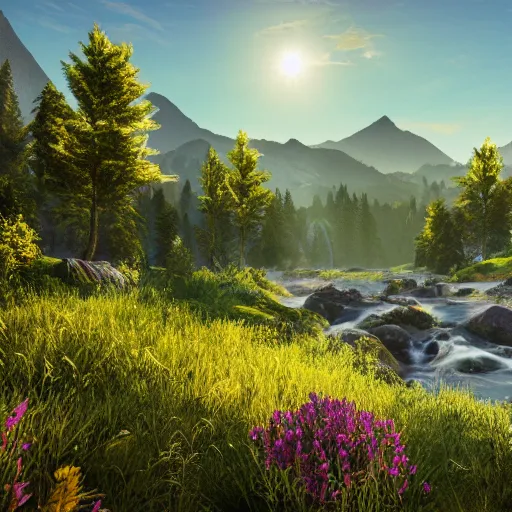 Prompt: natural landscape with sun, mountains, trees, flowers and rivers, photorealistic, ultra - detailed, 4 k high resolution, hdr shot, unreal engine rendering