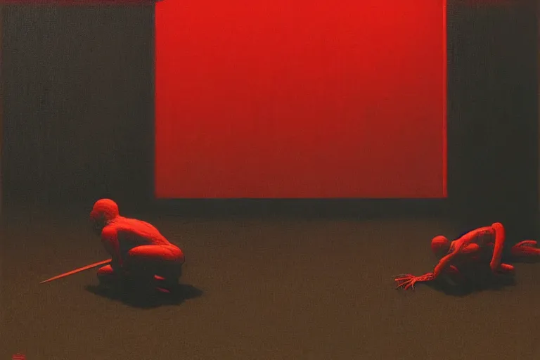 Image similar to only with red, a red samurai do seppuku, tokio, a lot of frogs watch, in the style of beksinski, parts by edward hopper, parts by rodcenko, parts by yue minjun, intricate and epic composition, red by caravaggio, insanely quality, highly detailed, masterpiece, red light, artstation, 4 k