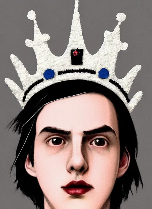 Image similar to portrait of teenage jughead jones wearing a light grey crown, photorealistic, crown made of fabric, crown with pin badges, crown with pins, crown made of felt, black hair, intricate, elegant, highly detailed, digital painting, glowing lights, artstation, concept art, smooth, sharp focus, illustration, art by wlop, mars ravelo and greg rutkowski