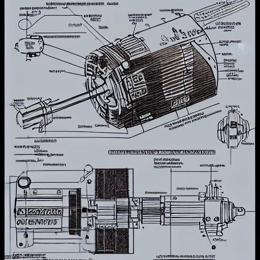 Image similar to labelled schematics of an electric motor with independent continuously variable torque and angular velocity, detailed sketch, high quality paper, ink and pencil, futuristic