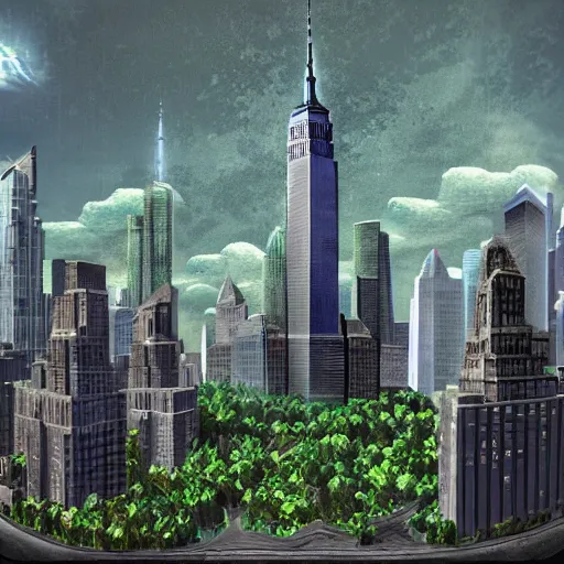 Prompt: Twin towers in New York covered by vegetation, street level, game art matte painting