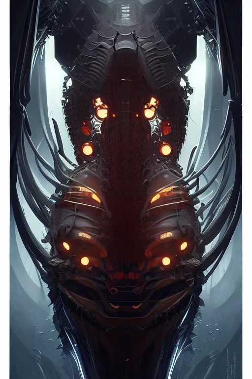 Image similar to professional concept art symmetrical portrait of a terrifying! mechanical predatory! fractal! species in a dark room by artgerm and greg rutkowski. an intricate, elegant, highly detailed digital painting, concept art, smooth, sharp focus, illustration, in the style of cam sykes.