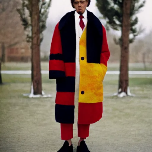 Image similar to a man wearing a colgate coat designed by dries van noten, by martin parr