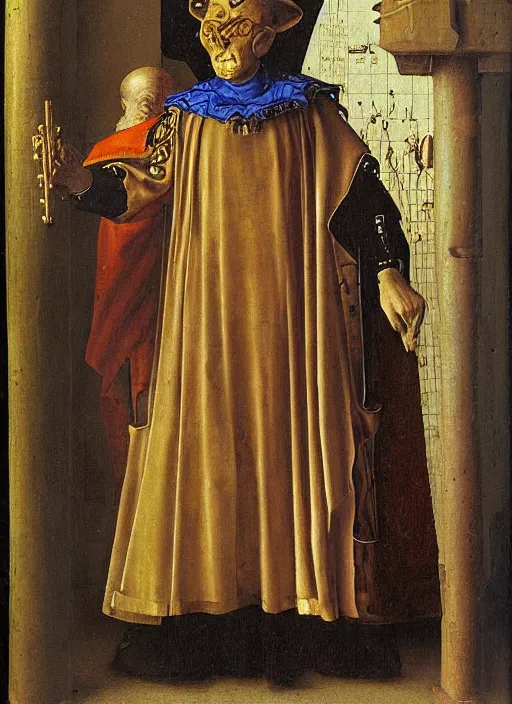 Image similar to a cyborg priest by Jan van Eyck