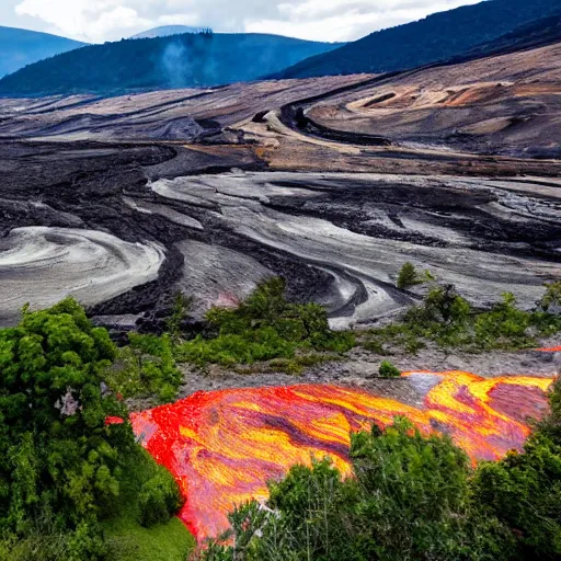 Image similar to a panoramic landscape with a stream of lava flowing down the valley. From the hills many KFC buckets on sticks are poking out on different angles