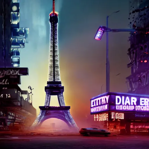 Prompt: A beautiful intricate 8K award-winning ground-level cinematic movie photograph of the future destroyed and decaying neon Eiffel Tower surrounded by corporate billboards. in the year 2043, by Bruno Delbonnel and greg rutkowski. Arri Alexa 65, IMAX 70mm footage. Dirty billboards. Cinematic lighting