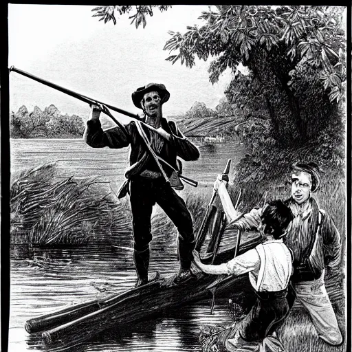 Prompt: black and white photograph of tom sawyer and huck finn shooting an RPG-7 at a riverboat from a riverbank