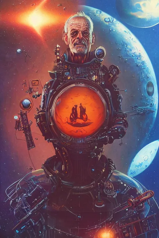 Image similar to Christopher Lloyd is a space pirate, apocalyptic, science fiction, retro cover, high details, intricate details, by vincent di fate, artgerm julie bell beeple, inking, screen print