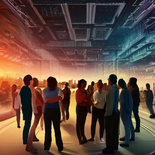 Image similar to large group of people, looking at hologram of futuristic city on a table, cinematic concept art, warehouse interior, godrays, golden hour, 4 k, clear details, tabletop model buildings, tabletop model, hologram center