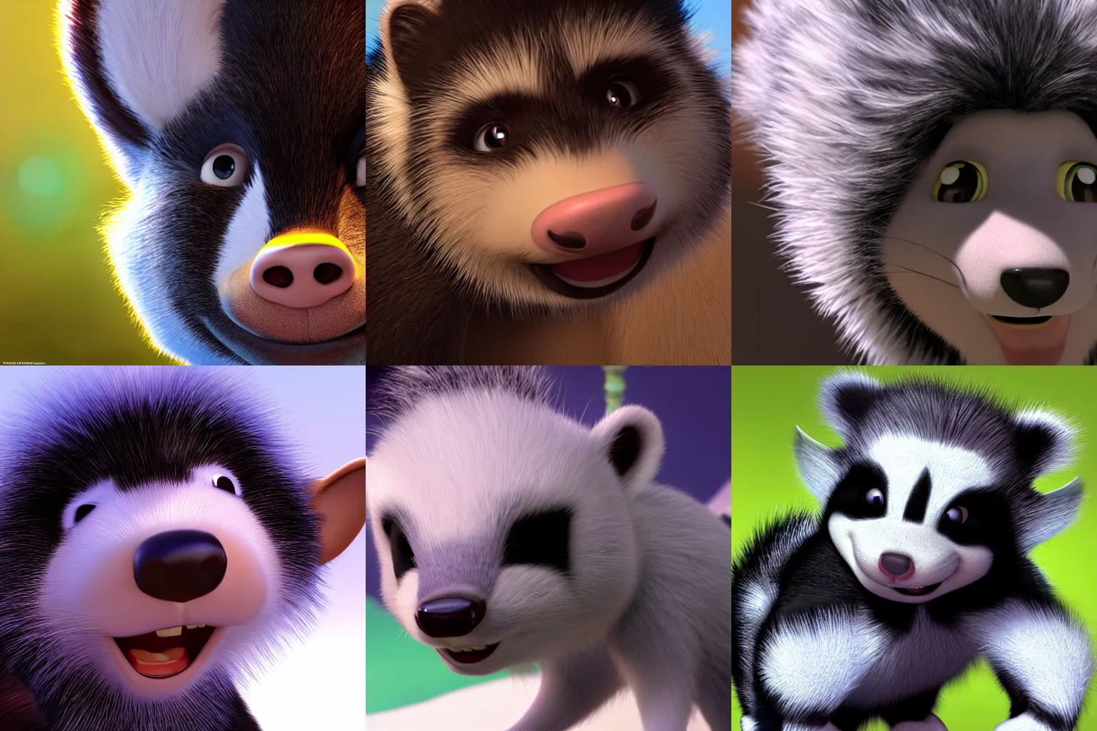 Prompt: Phil the Skunk, pixar movie scene, very detailed closeup of fur texture at Magic Hour