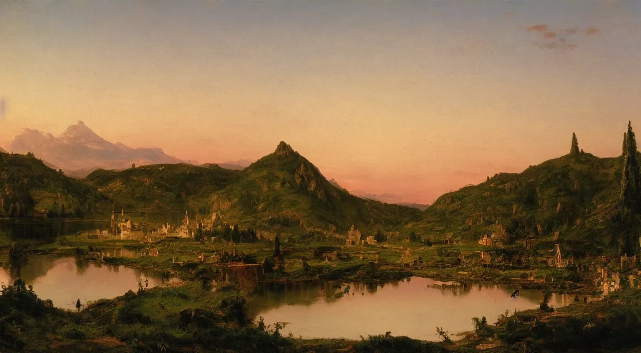 Prompt: a medieval city on the edge of a lake..Landscapes.by Frederic Edwin Church.oil on canvas.4k