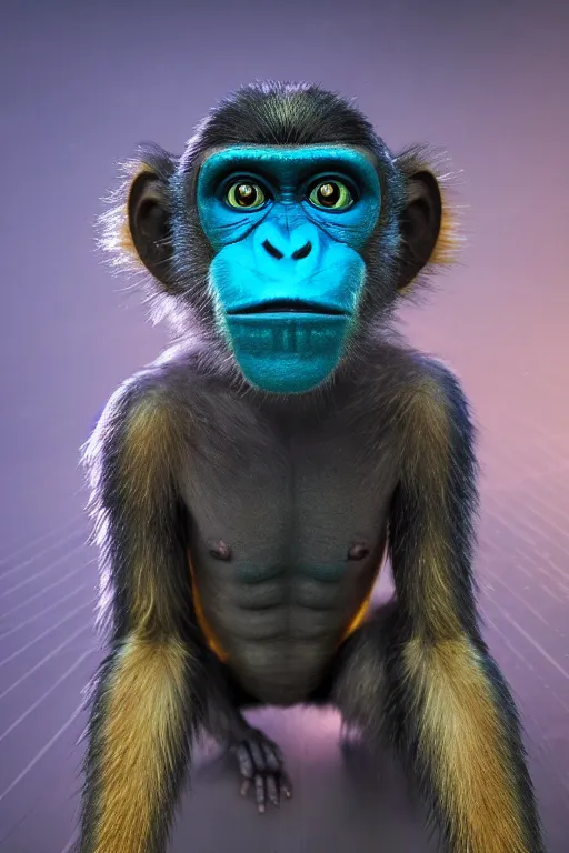 Image similar to Photography of ultra mega super hyper realistic detailed monkey in cyberpunk suits by Hiromasa Ogura . Photo shot from 30m distance on ultra mega super hyper Leica Q2 Camera, Rendered in VRAY and DaVinci Resolve and MAXWELL and LUMION 3D, Volumetric cyan gold natural light