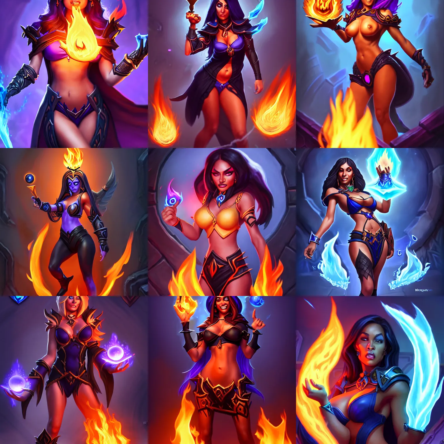 Prompt: Who : a sorceress with black clothes casting a fire ball; Physical : Ella Knox & Beverly Paige exact same body ; IMPORTANT : Hearthstone official epic splash art, symmetrical, award winning, trending on Artstation