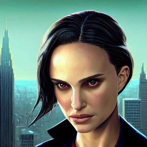 Image similar to closeup portrait of natalie portman from the movie leon the professional, matilda, hitman, city background, dramatic light, gorgeous view, depth, high detail, digital art, painted by greg rutkowski and seb mckinnon, by tim burton, trending on artstation