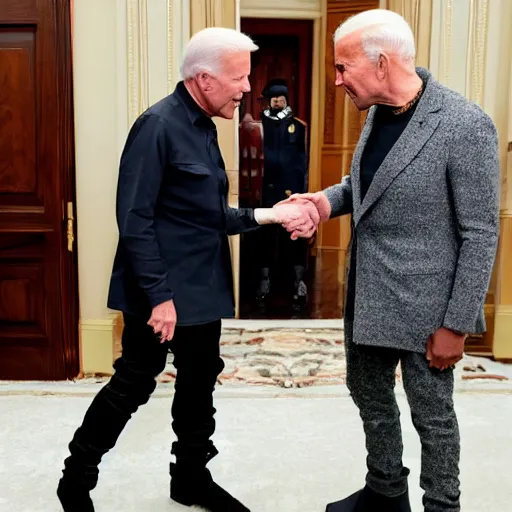 Prompt: Kanye West bowing to Joe Biden at the gates of Brandenburg