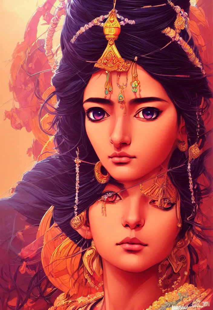 Prompt: a comic portrait of an indian goddess, realistic shaded perfect face, fine details. cosmic setting. anime style. realistic shaded lighting poster by ilya kuvshinov katsuhiro, magali villeneuve, artgerm, jeremy lipkin and michael garmash, rob rey and kentaro miura style, trending on art station