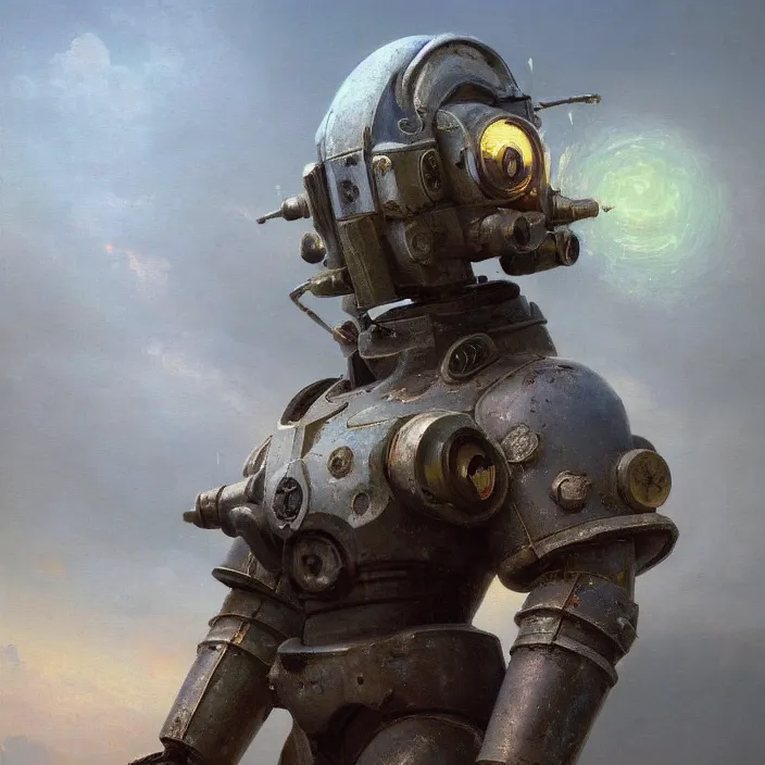 Prompt: a beautiful oil painting of a t - 4 5 power armor, fallout 4 by ivan aivazovsky and greg rutkowski and james gurney and frank lloyd and sung choi and monet, in style of impressionnisme. hyper detailed, sharp focus, soft light. unreal engine 5 lumen. ray tracing. trending on artstation. oil on canvas