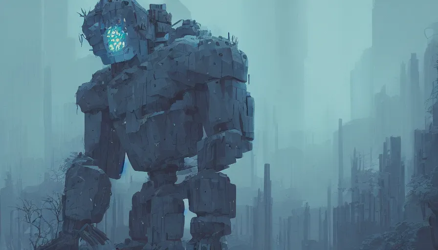 Image similar to stone golem, true evil, dormant, cyberpunk forest, nearby, sharp focus, james gilleard, cinematic, game art, extremely detailed digital painting, print