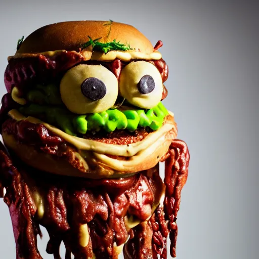 Image similar to a humanoid bipedal upright zombie that strongly resembles a hamburger, professional food photography