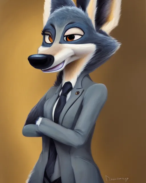 Image similar to oil painting of anthromorphic female wolf, in style of zootopia, female fursona, furry, furaffinity, 4 k, deviantart, furry art, fursona art, wearing black business suit, business suit, wolf fursona, female, very expressive detailed feminine face,