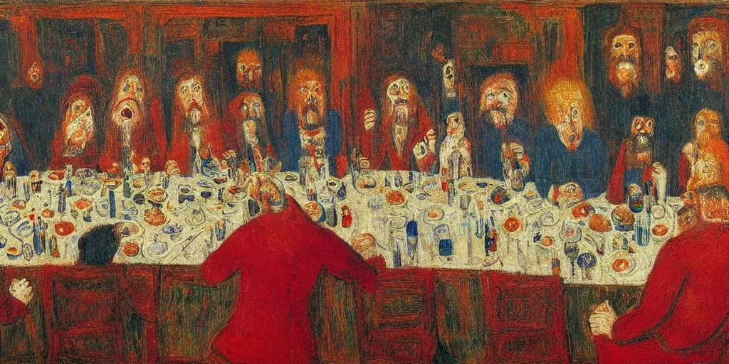 Prompt: the last supper. james ensor. ( 1 8 9 8 ) oil on canvas