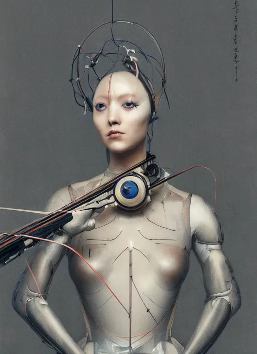 Image similar to portrait of a futuristic female violinist cyborg, in the style of ghost in the shell, kintsugi, modern fine art, fractal, intricate, elegant, highly detailed, digital photography, subsurface scattering, by jheronimus bosch and greg rutkowski,