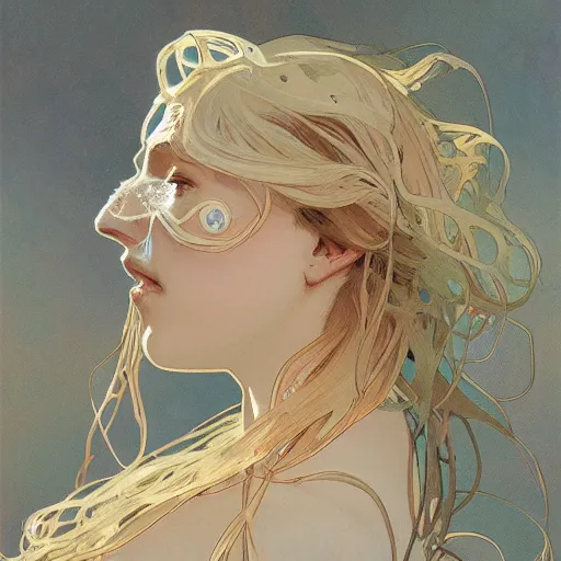 Prompt: A face made out of jellyfish, bio art by alphonse mucha and greg rutkowski, highly detailed, digital painting, concept art, illustration, dim lighting, trending on artstation, very detailed, smooth, sharp focus