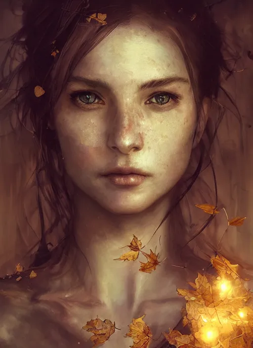 Image similar to golden leaves at frame border, creative composition for a book cover, moon, beautiful portrait painting by jeremy mann, a female witch absurdly beautiful, ultrafine hyperrealistic detailed face by wlop and artgerm and greg rutkowski, intricate linework, sharp focus, smooth, octopath traveler, final fantasy, unreal engine, dramatic lighting, ethereal, 8 k