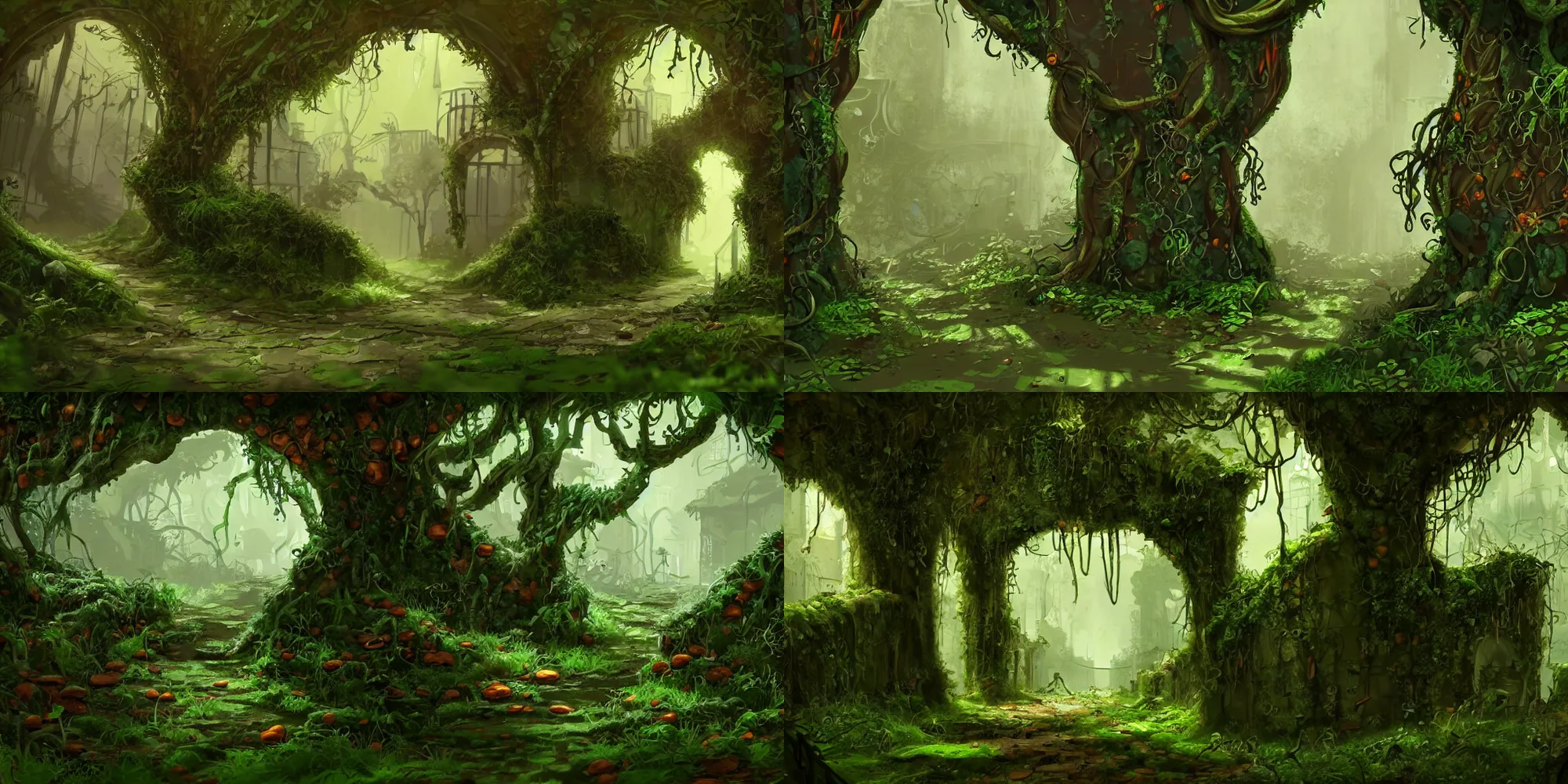 Prompt: concept artwork illustration abandoned stylized old jaffa heavily very overgrown green ivy all over mossy alley contrast shadows