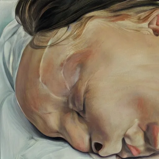 Image similar to high quality high detail painting by lucian freud, hd, exhausted girl portrait, photorealistic lighting