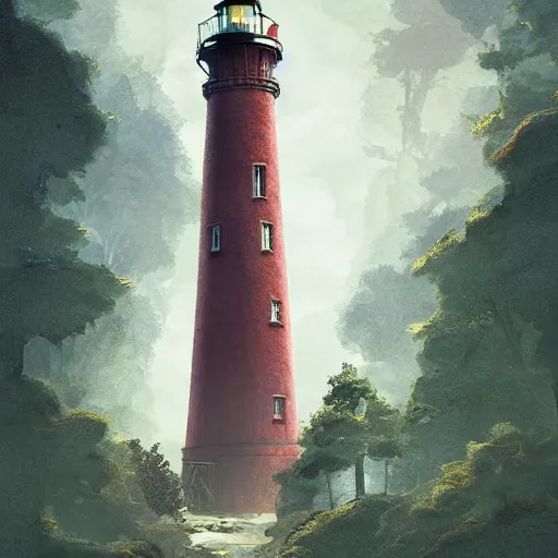 Image similar to red orangutan as doctor who climbing on the unstable lighthouse, beautiful, realistic, atmosphere, vibe, forest, lot of trees, fern, flowers, concept art illustration, color page, tone mapping, akihiko yoshida, james jean, andrei riabovitchev, marc simonetti, digital illustration, greg rutowski, volumetric lighting, sunbeams, particles