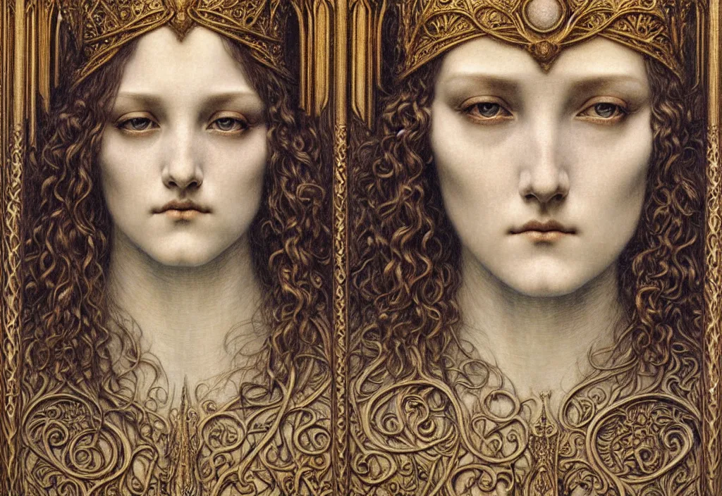 Image similar to detailed realistic beautiful young medieval queen face portrait by jean delville, gustave dore and marco mazzoni, art nouveau, symbolist, visionary, gothic, pre - raphaelite. horizontal symmetry