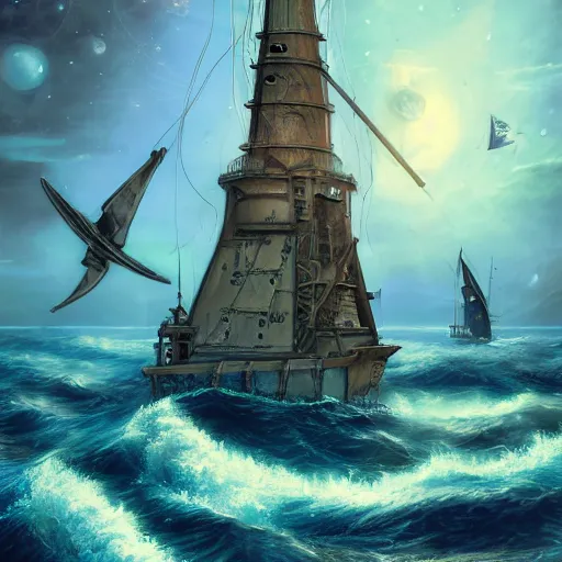 Image similar to pirates sailing the lighthouse in the middle of the galaxy , wide angle shot, diffuse lighting, fantasy, intricate, elegant, highly detailed, lifelike, photorealistic, digital painting, illustration, concept art, smooth, sharp focus, A24!film cinematography