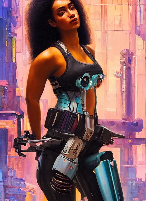 Image similar to Sophie Igwe. Strong Beautiful Cyberpunk mechanic with robotic legs. (Cyberpunk 2077, bladerunner 2049). Gorgeous face. Iranian orientalist portrait by john william waterhouse and Edwin Longsden Long and Theodore Ralli and Nasreddine Dinet, oil on canvas. Cinematic, vivid colors, hyper realism, realistic proportions, dramatic lighting, high detail 4k