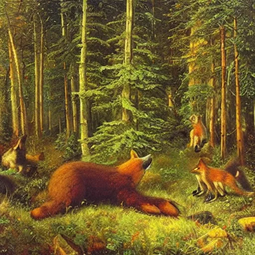 Image similar to shishkin's painting, morning in a pine forest. but instead of bears there are foxes. the picture is over - detailed. canvas, oil. what is a masterpiece.