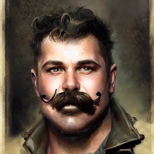 Prompt: a steampunk craftsman, burly with moustache, character portrait by greg rutkowski, gaston bussiere, craig mullins