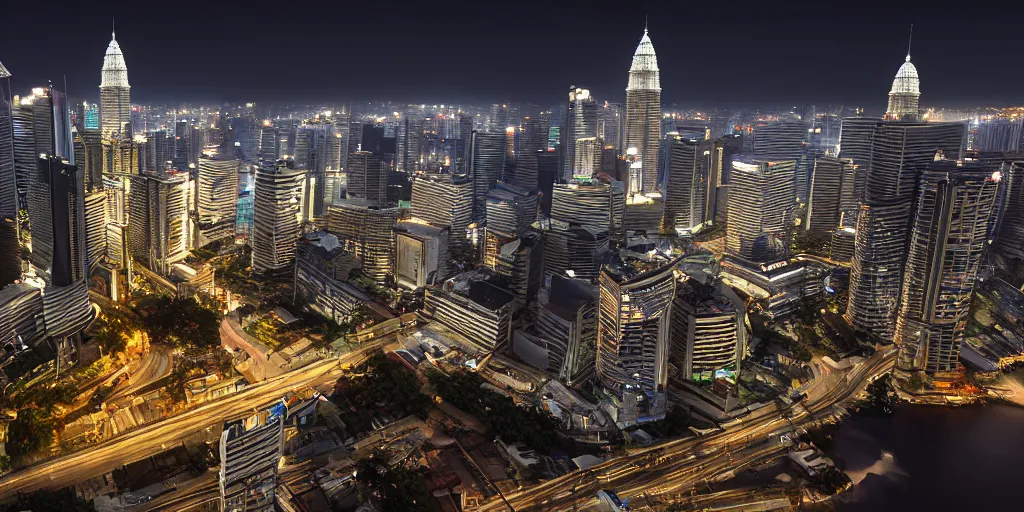 Image similar to malaysia city at night, unreal 5, hyperrealistic, realistic, photorealistic, dynamic lighting, highly detailed, cinematic landscape, studio landscape, studio lighting