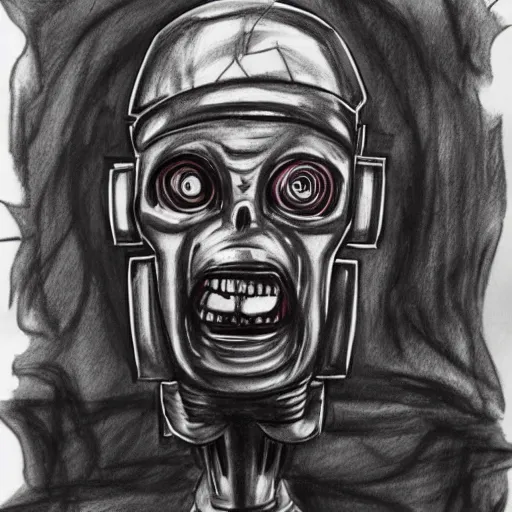 Image similar to a scary horror themed robot, drawn with charcoal and pen and ink