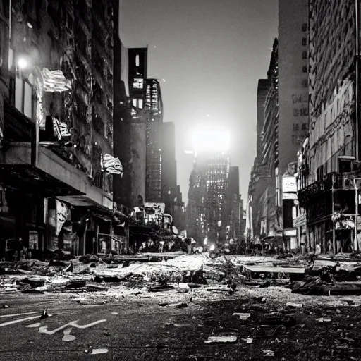 Prompt: photo of abandoned destroyed new york city street at night after the war between humans and ais, film grain, soft vignette, canon eos digital rebel xti, 1 0 0 - 3 0 0 mm canon f / 5. 6, exposure time : 1 / 1 6 0, iso 4 0 0