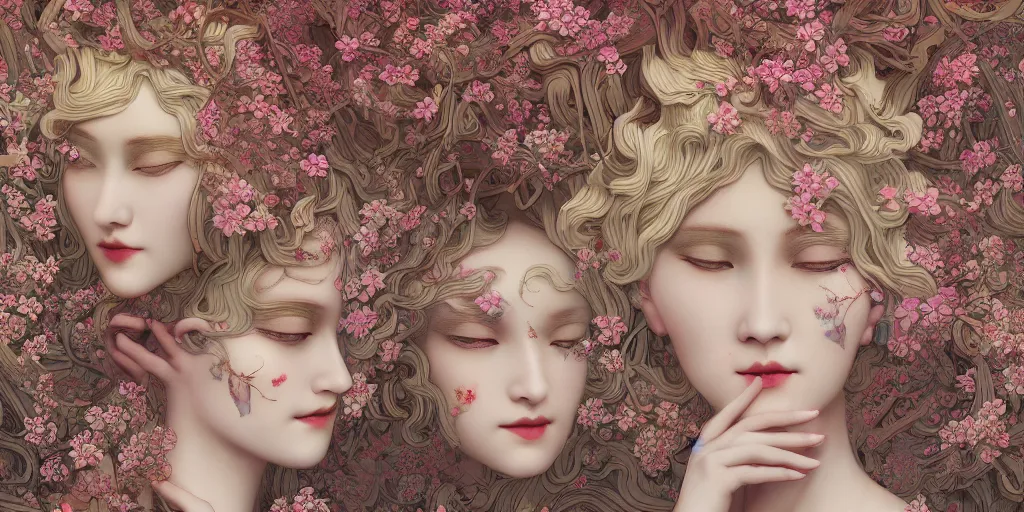 Image similar to breathtaking detailed concept art painting art deco pattern of blonde faces goddesses amalgamation flowers, by hsiao - ron cheng, bizarre compositions, exquisite detail, extremely moody lighting, 8 k