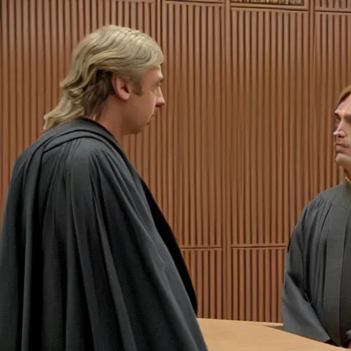Image similar to jedi master anakin skywalker in jedi robes talking to saul goodman in a suit in court, us court, better call saul scene 1 0 8 0 p, court session images, realistic faces
