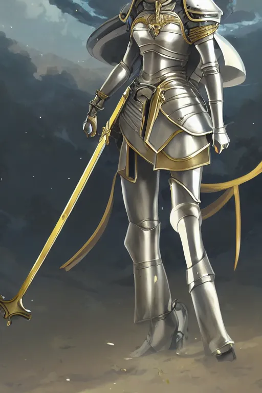 Image similar to anime key visual concept art of anime female knight standing in the doorway of a grand chapel, silver armor with gold trims, warscythe holstered on her back, trending on artstation, brush strokes, oil on canvas, style of kawacy and makoto shinkai and greg rutkowski and studio ghibli