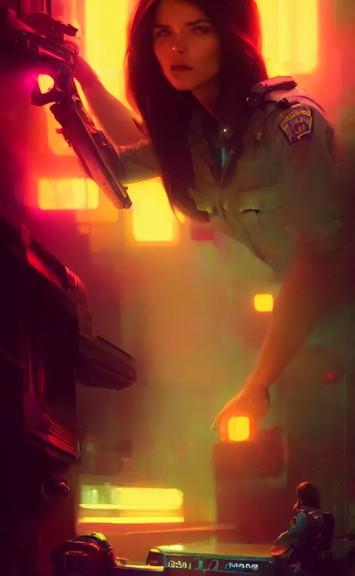 Prompt: Female in police uniform, illustrated by Greg Rutkowski and Gaston Bussiere, 35mm lens, beautiful macro close-up imagery, vibrantly lush neon lighting, beautiful volumetric-lighting-style atmosphere, a futuristic atmosphere, intricate, detailed, photorealistic imagery, trending on artstation, 4k, 8k