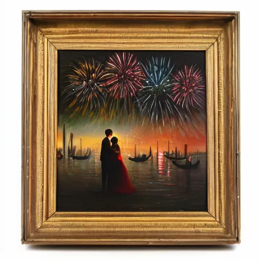 Image similar to an oil painting of couple kissing, in a background fireworks in venice