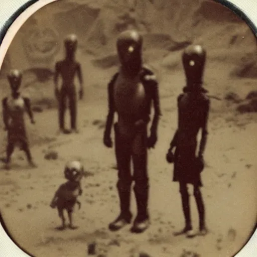 Image similar to polaroid photograph of aliens visiting earth, 1 9 5 0